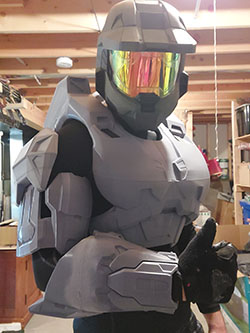 Gabe wearing unfinished Halo cosplay